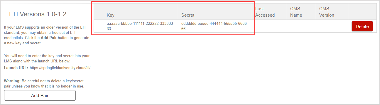 In right table for LTI versions 1.0-1.2, the Key and Secret headings are highlighted.